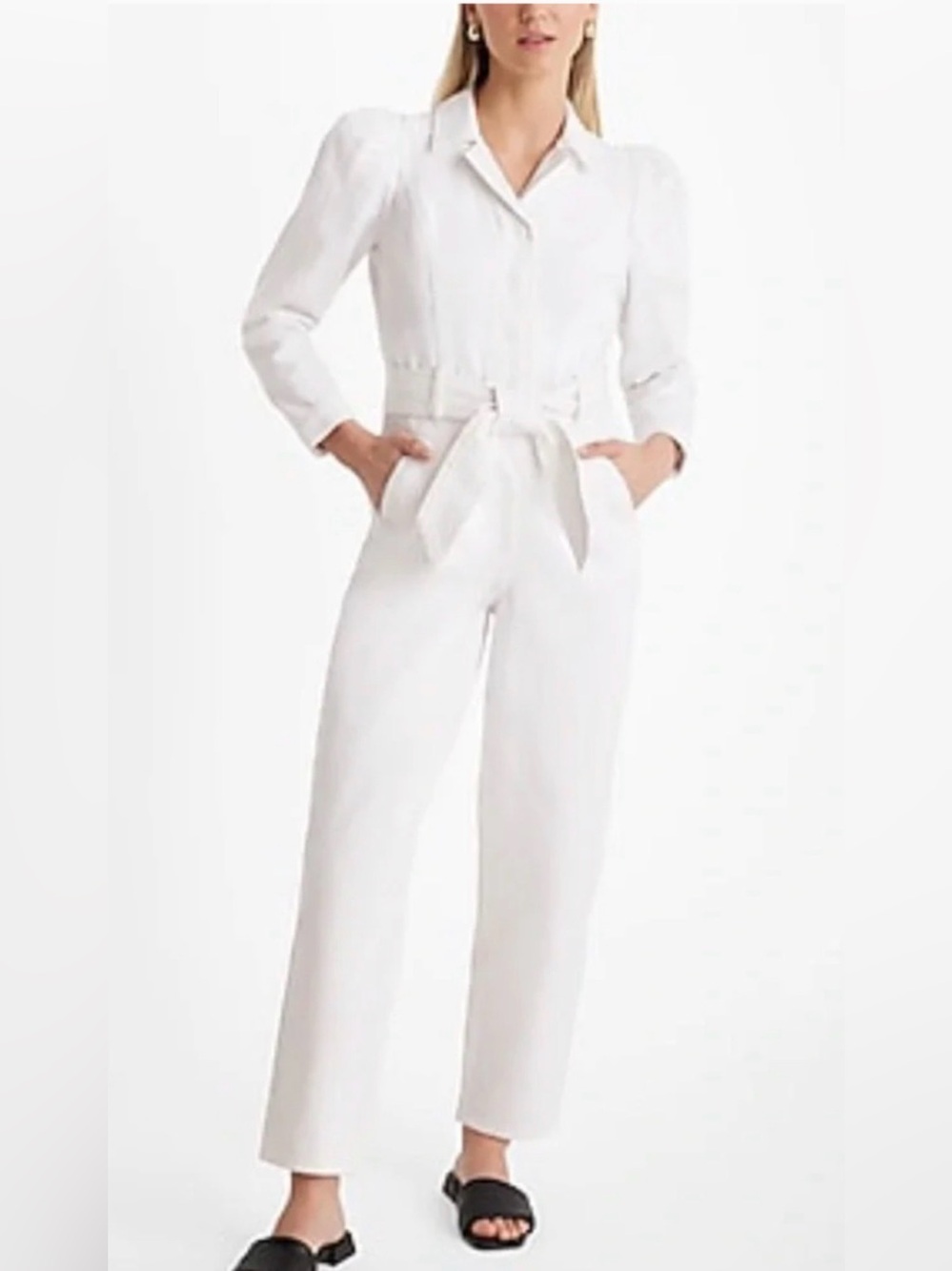 NWT EXPRESS PUFF SLEEVE TIE WAIST WHITE DENIM JUMPSUIT SZ 0